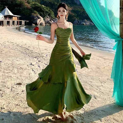 Spaghetti Strap Satin Ruffled Mermaid Evening Gown