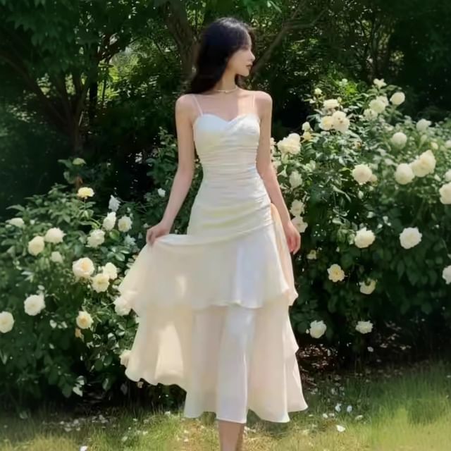 Spaghetti Strap Satin Ruffled Mermaid Evening Gown