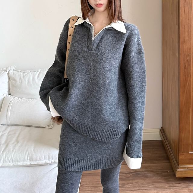 Drop Shoulder Two-Tone Sweater and Knit Pencil Skirt Set