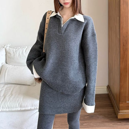 Drop Shoulder Two-Tone Sweater and Knit Pencil Skirt Set
