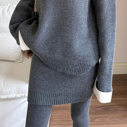 Drop Shoulder Two-Tone Sweater and Knit Pencil Skirt Set