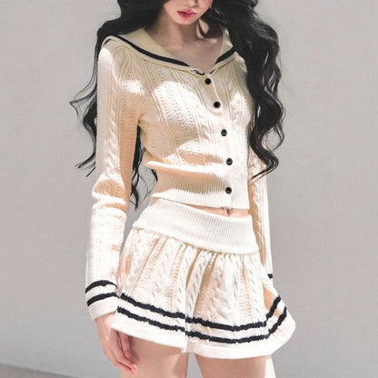 Crop Cardigan Set with Sailor Collar and Knit Mini Skirt