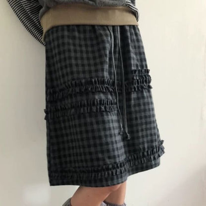 Gingham Ruffle Straight Skirt