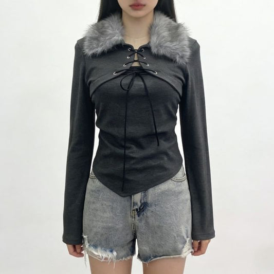 Mock Two-Piece Long-Sleeve Fluffy Collar Asymmetrical Lace-Up Crop Top
