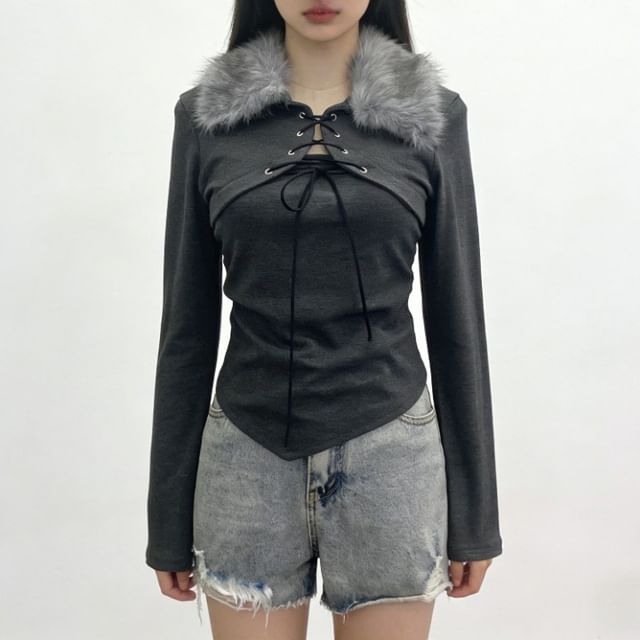 Asymmetrical Lace-Up Crop Top with Fluffy Collar