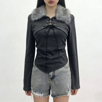 Asymmetrical Lace-Up Crop Top with Fluffy Collar