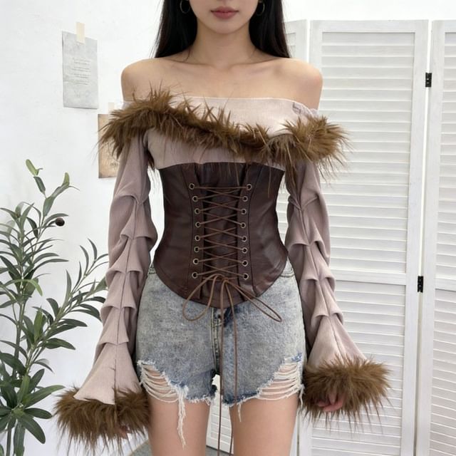 Ruched Lace-Up Crop Top with Faux Leather and Fluffy Trim