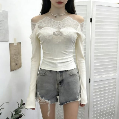 Off-Shoulder Lace Panel Long Sleeve Fitted Top