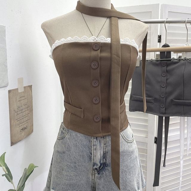 Buttoned Crop Tube Top with Lace Trim and Scarf Set
