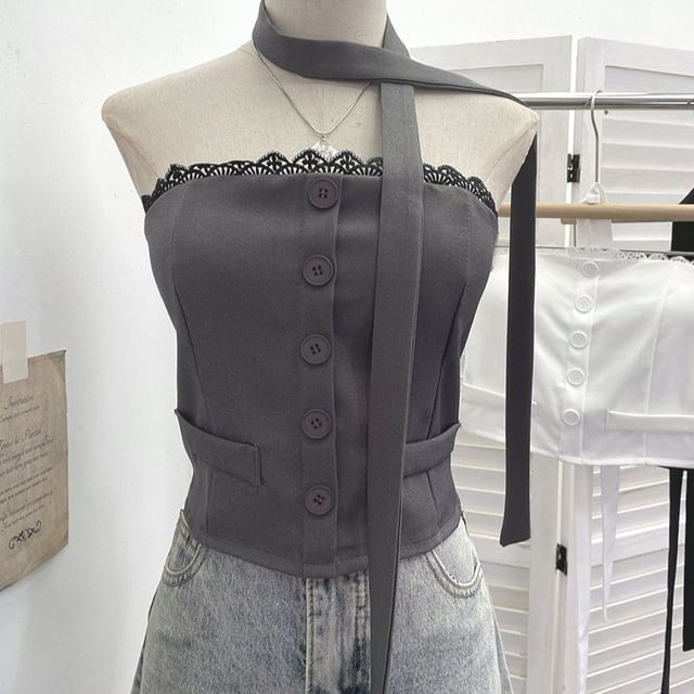 Buttoned Crop Tube Top with Lace Trim and Scarf Set