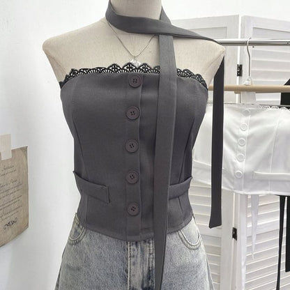 Buttoned Crop Tube Top with Lace Trim and Scarf Set