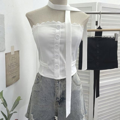 Buttoned Crop Tube Top with Lace Trim and Scarf Set