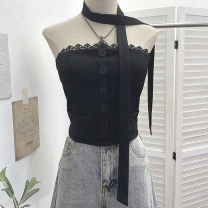 Buttoned Crop Tube Top with Lace Trim and Scarf Set
