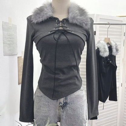 Asymmetrical Lace-Up Crop Top with Fluffy Collar