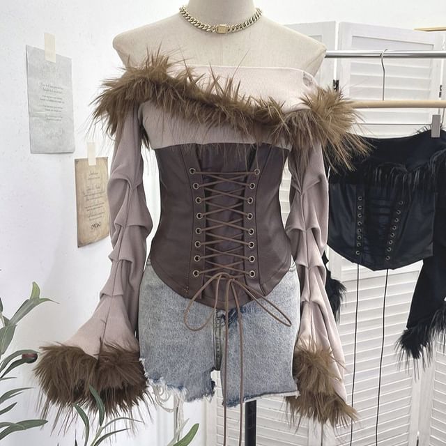 Ruched Lace-Up Crop Top with Faux Leather and Fluffy Trim