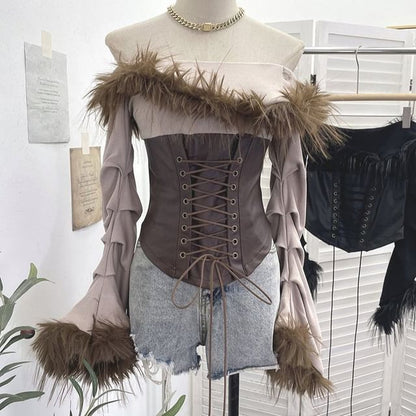 Ruched Lace-Up Crop Top with Faux Leather and Fluffy Trim