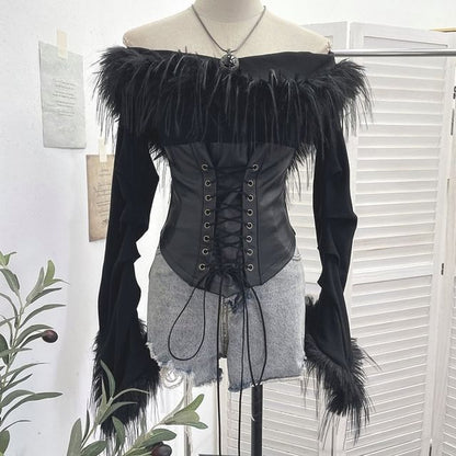 Ruched Lace-Up Crop Top with Faux Leather and Fluffy Trim