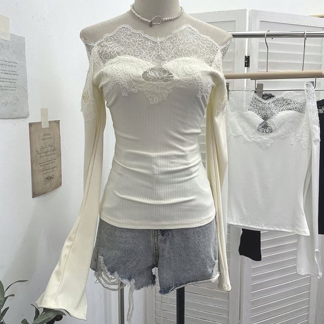 Off-Shoulder Lace Panel Long Sleeve Fitted Top