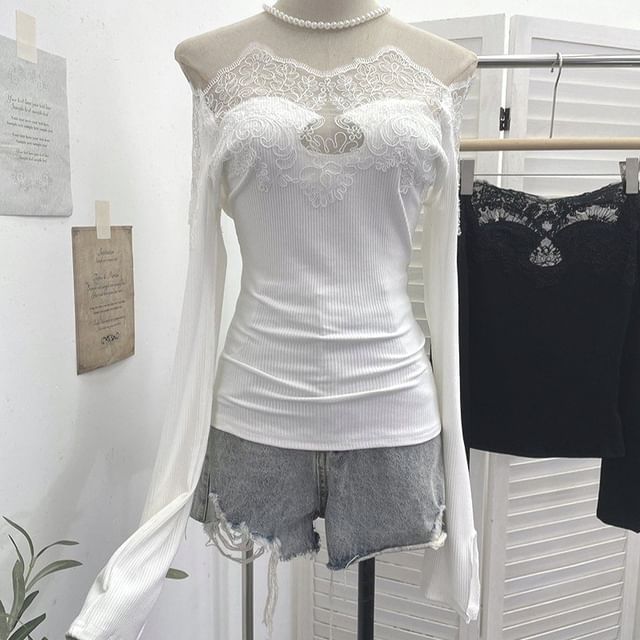 Off-Shoulder Lace Panel Long Sleeve Fitted Top