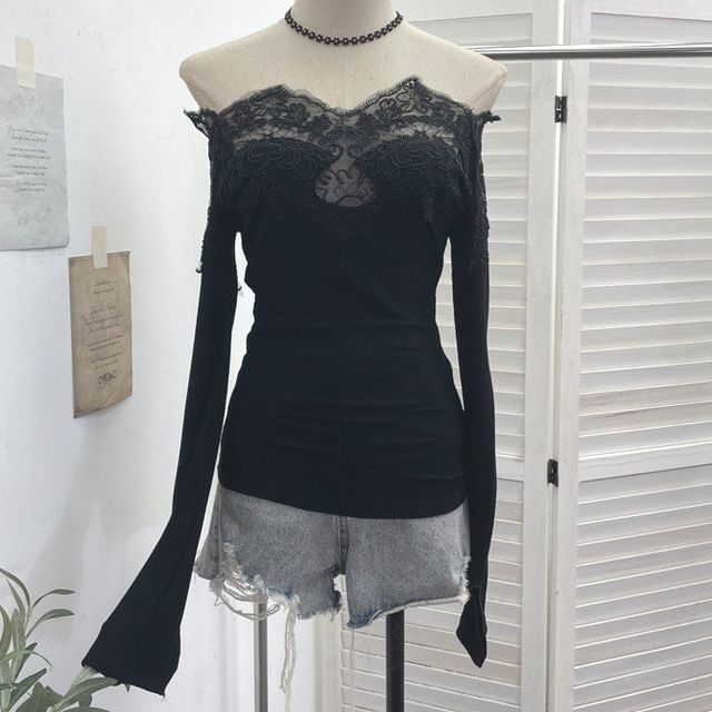 Off-Shoulder Lace Panel Long Sleeve Fitted Top