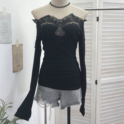 Off-Shoulder Lace Panel Long Sleeve Fitted Top