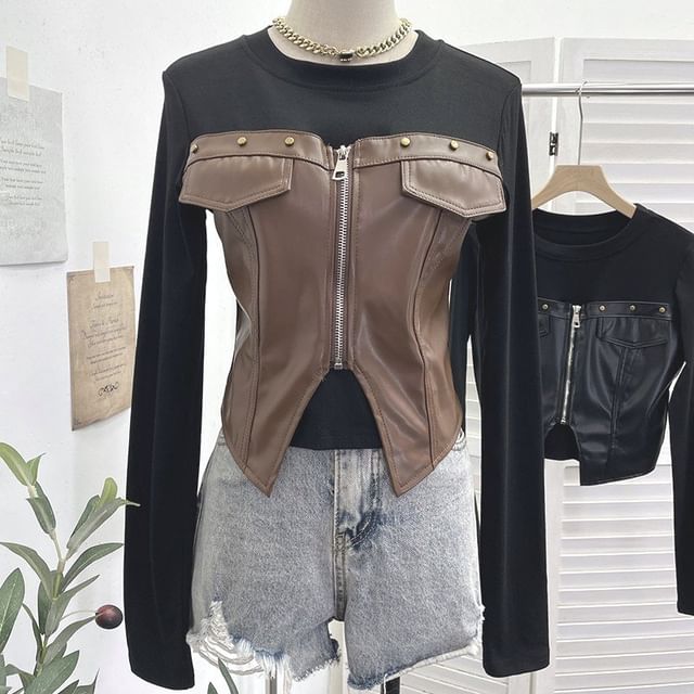 Faux Leather Panel Zip Crop Top with Studs
