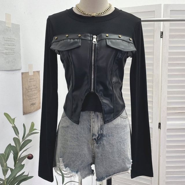 Faux Leather Panel Zip Crop Top with Studs