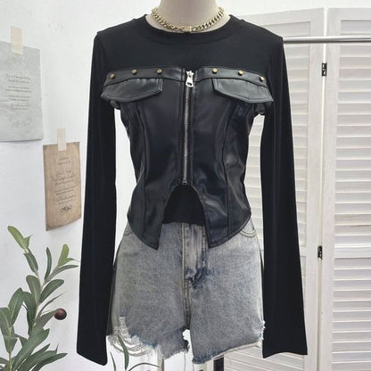 Faux Leather Panel Zip Crop Top with Studs