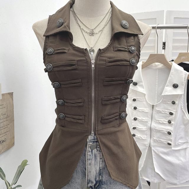 Zip-Up Collared Vest with Slit Details