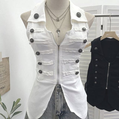 Zip-Up Collared Vest with Slit Details