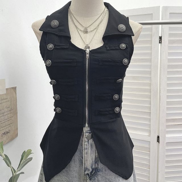 Zip-Up Collared Vest with Slit Details