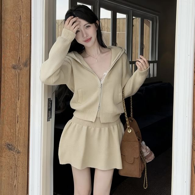 Hooded Zip Cardigan and Knit A-Line Mini Skirt Set