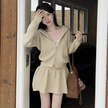 Hooded Zip Cardigan and Knit A-Line Mini Skirt Set