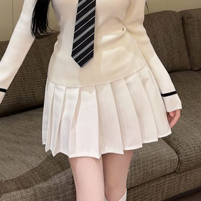 Sailor Collar Striped Knit Top and Pleated Mini Skirt Set