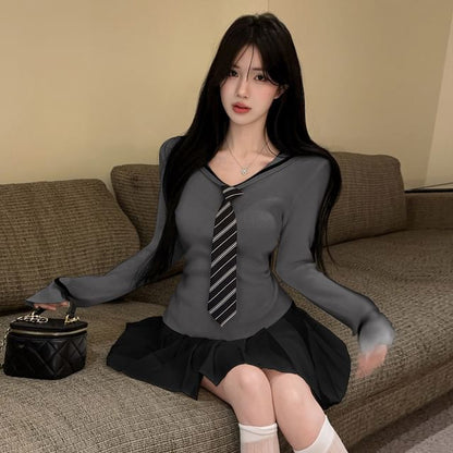 Sailor Collar Striped Knit Top and Pleated Mini Skirt Set