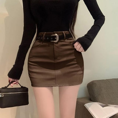 High Waist Mini Pencil Skirt Set with Faux Leather Belt