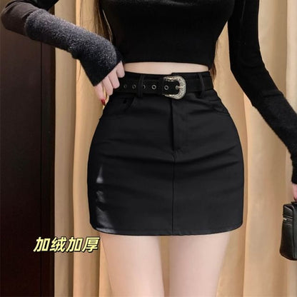 High Waist Mini Pencil Skirt Set with Faux Leather Belt