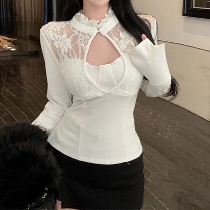 Long-Sleeve Lace Panel Keyhole Ruffled Top