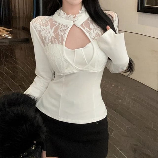 Long-Sleeve Lace Panel Keyhole Ruffled Top