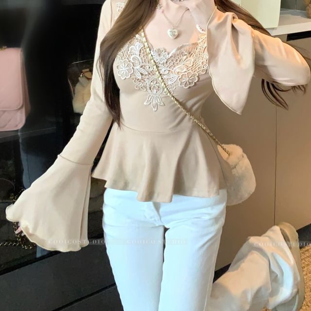 Bell-Sleeve Sweetheart-Neckline Lace Panel Blouse