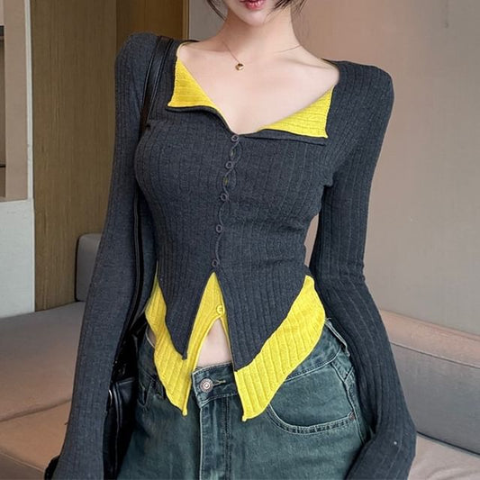 Two-Tone Ribbed Button-Up Knit Top with Long Sleeves