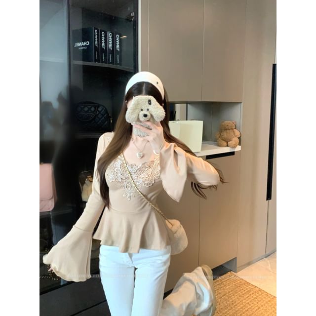 Bell-Sleeve Sweetheart-Neckline Lace Panel Blouse