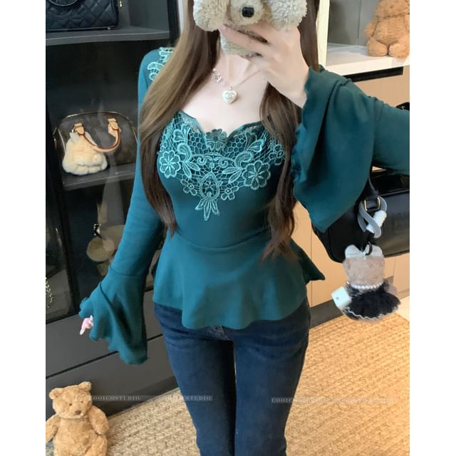Bell-Sleeve Sweetheart-Neckline Lace Panel Blouse