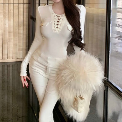 Long-Sleeve Lace-Up Plain T-Shirt