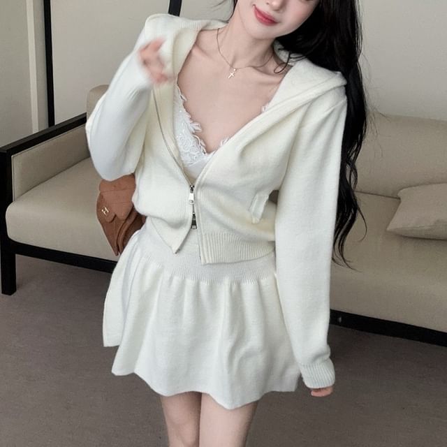 Hooded Zip Cardigan and Knit A-Line Mini Skirt Set