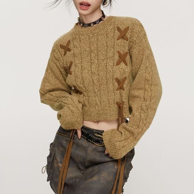 Crew Neck Plain Lace-Up Cropped Sweater