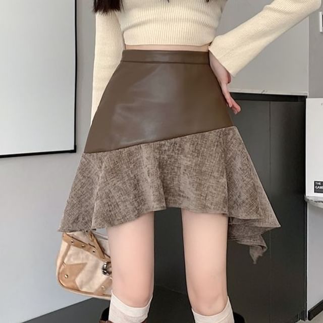 Patchwork Asymmetrical High Waist Mini A-Line Skirt
