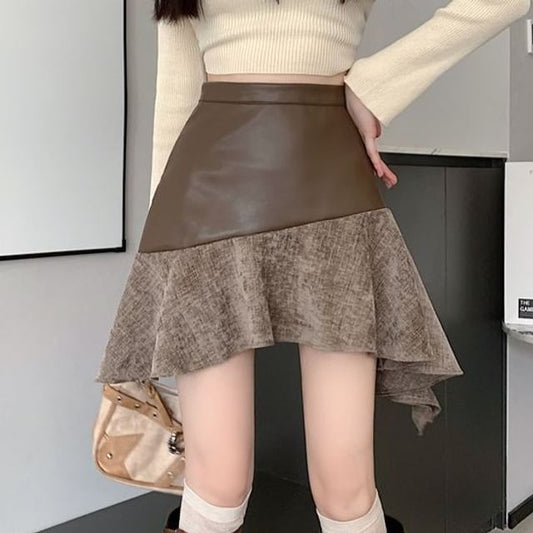 Patchwork Asymmetrical High Waist Mini A-Line Skirt