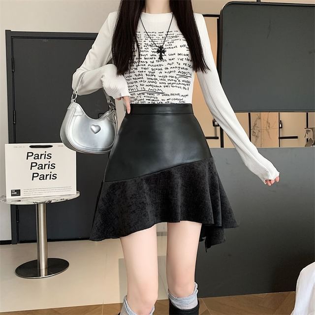 Patchwork Asymmetrical High Waist Mini A-Line Skirt
