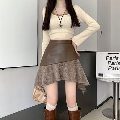 Patchwork Asymmetrical High Waist Mini A-Line Skirt